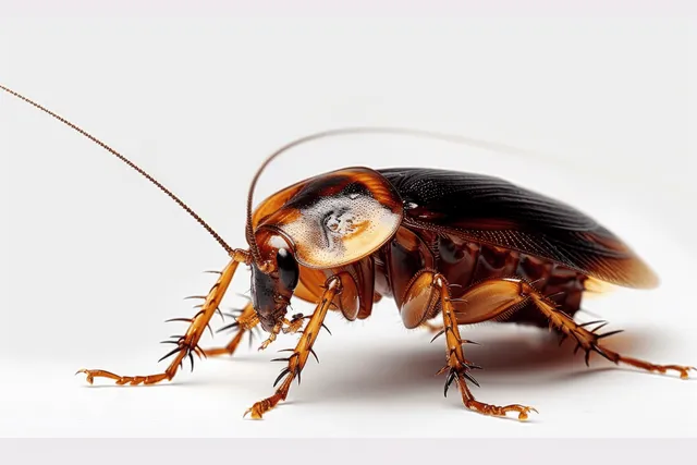 A cockroach is isolated on a white background, showing antennae, legs, and detailed body segments.