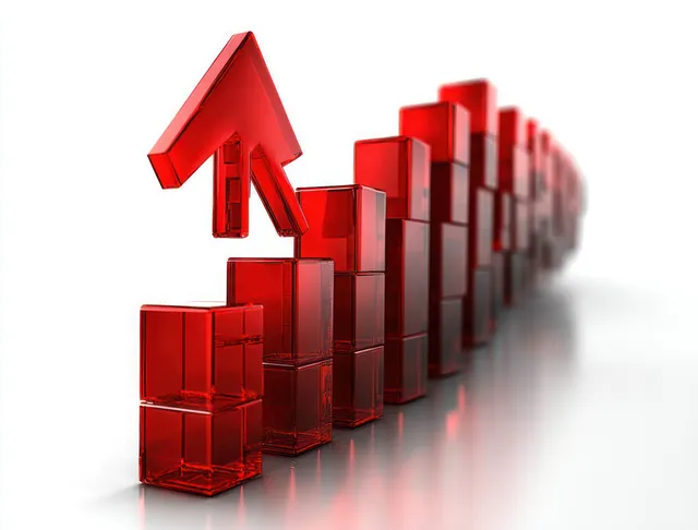 Red transparent 3D bar chart with rising arrow on reflective white surface
