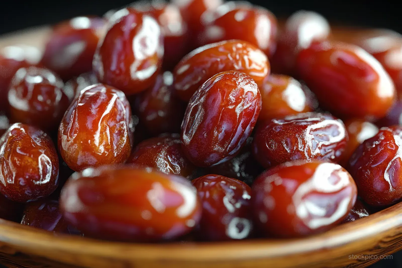 Glossy reddish-brown dried dates heaped in a wooden bowl with wrinkled textured skins.