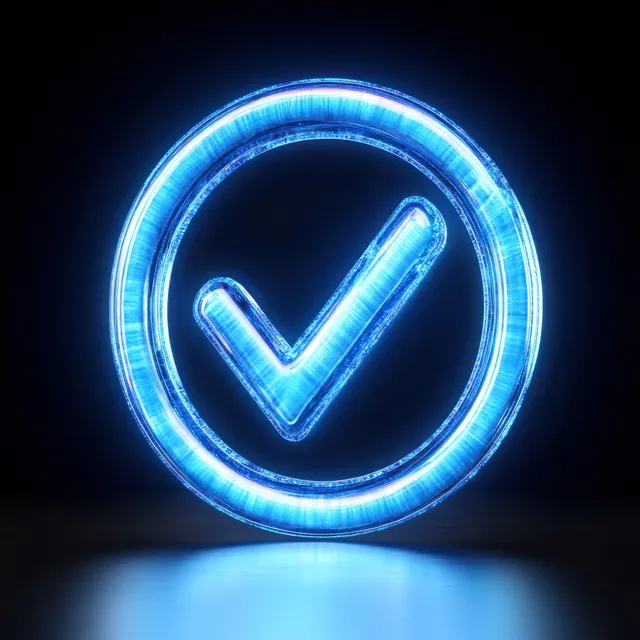 Glowing 3D blue checkmark icon inside a circular badge with soft ambient lighting on a dark background.