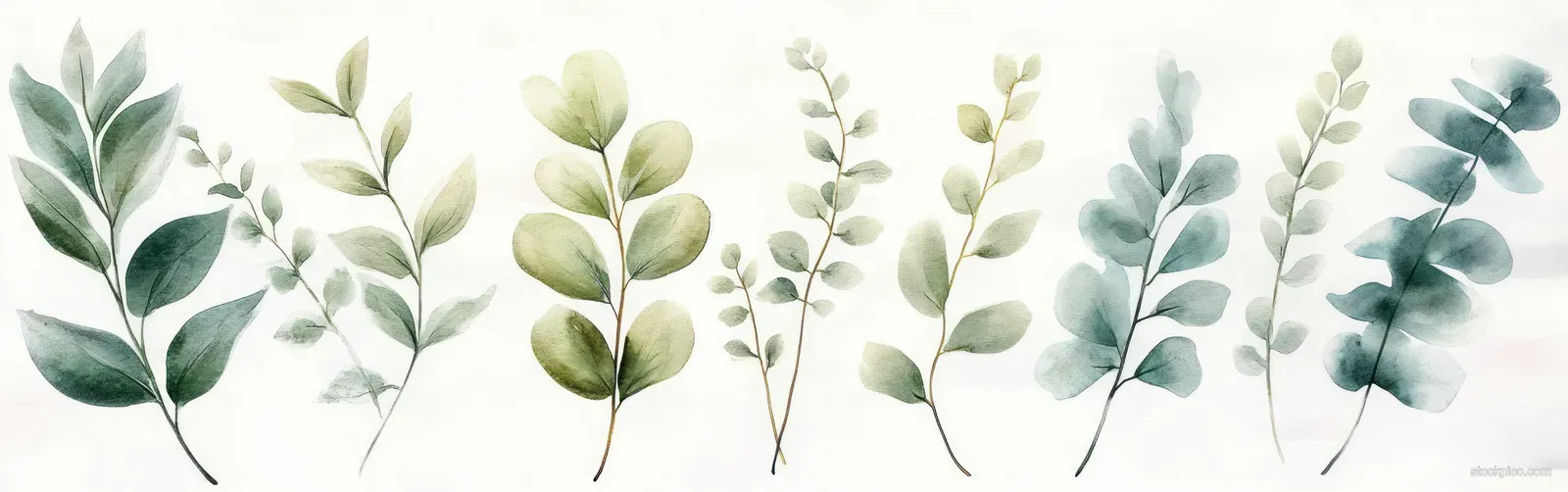 Pastel watercolor leaves on thin stems in mint, olive, and cream tones arranged in a horizontal botanical strip.