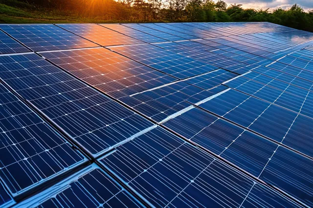 Solar panels reflect warm sunset sunlight over an outdoor landscape with green trees and blue sky.
