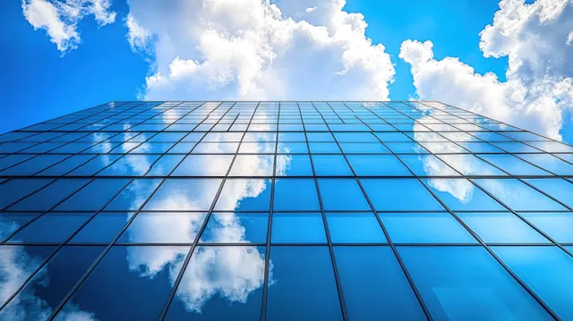 Low-angle view of a reflective glass office tower facade mirroring a blue sky and white clouds.