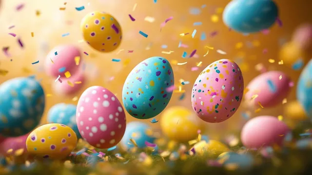 Colorful speckled Easter eggs float above falling confetti on a soft yellow bokeh background.