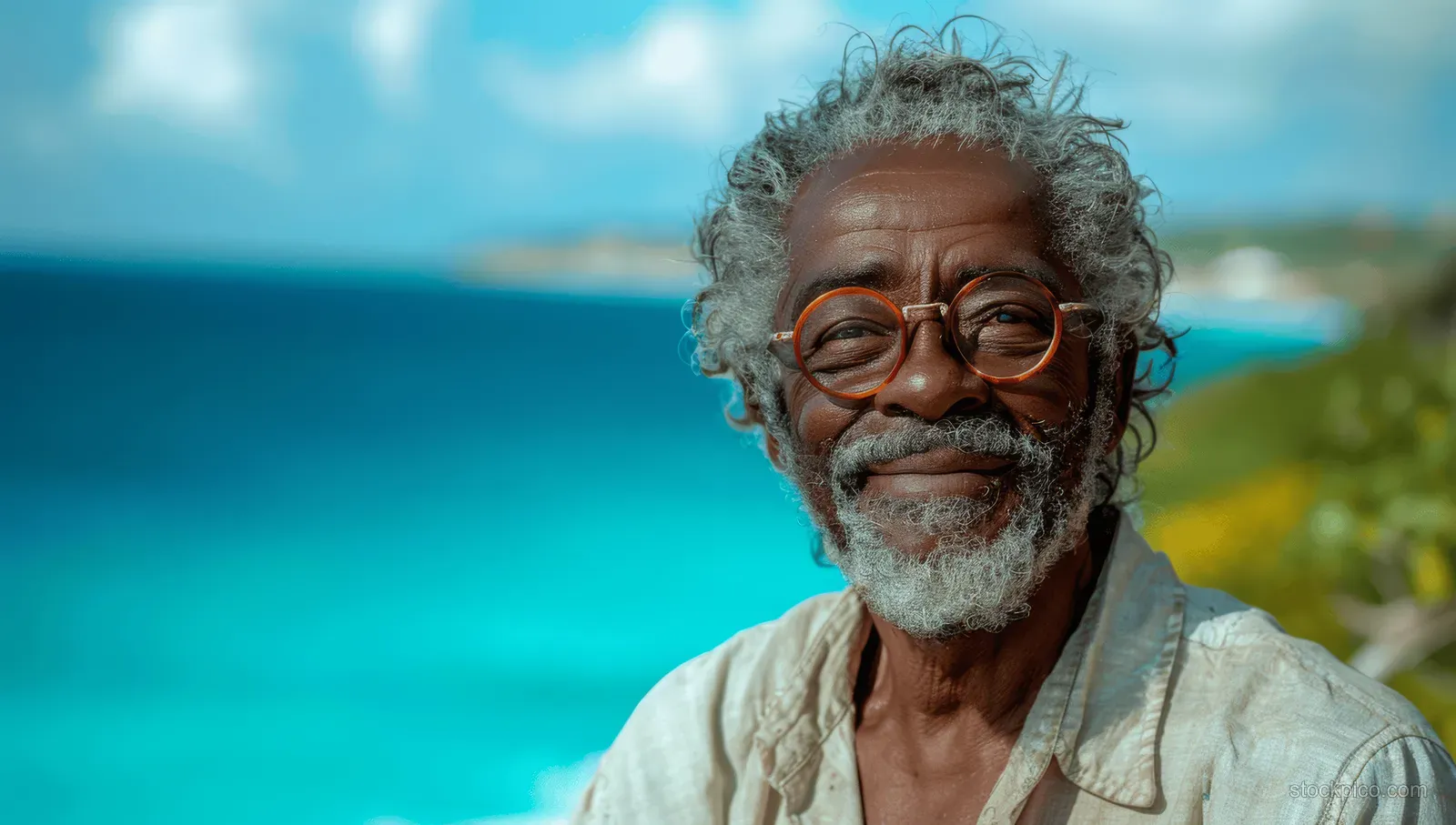 Smiling senior man with glasses looks at camera while standing near a turquoise ocean and summer sky.