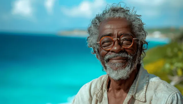 Smiling senior man with glasses looks at camera while standing near a turquoise ocean and summer sky.