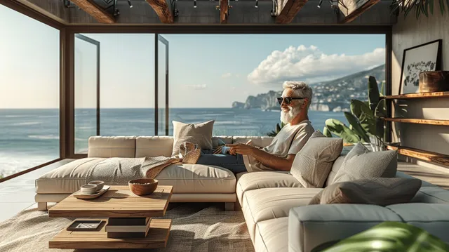 A person relaxes on a beige sectional sofa in a Japandi living room with corner windows showing the sea.