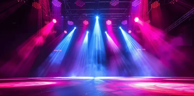 Illuminated concert stage with colorful spotlights and fog beams over a dark performance floor