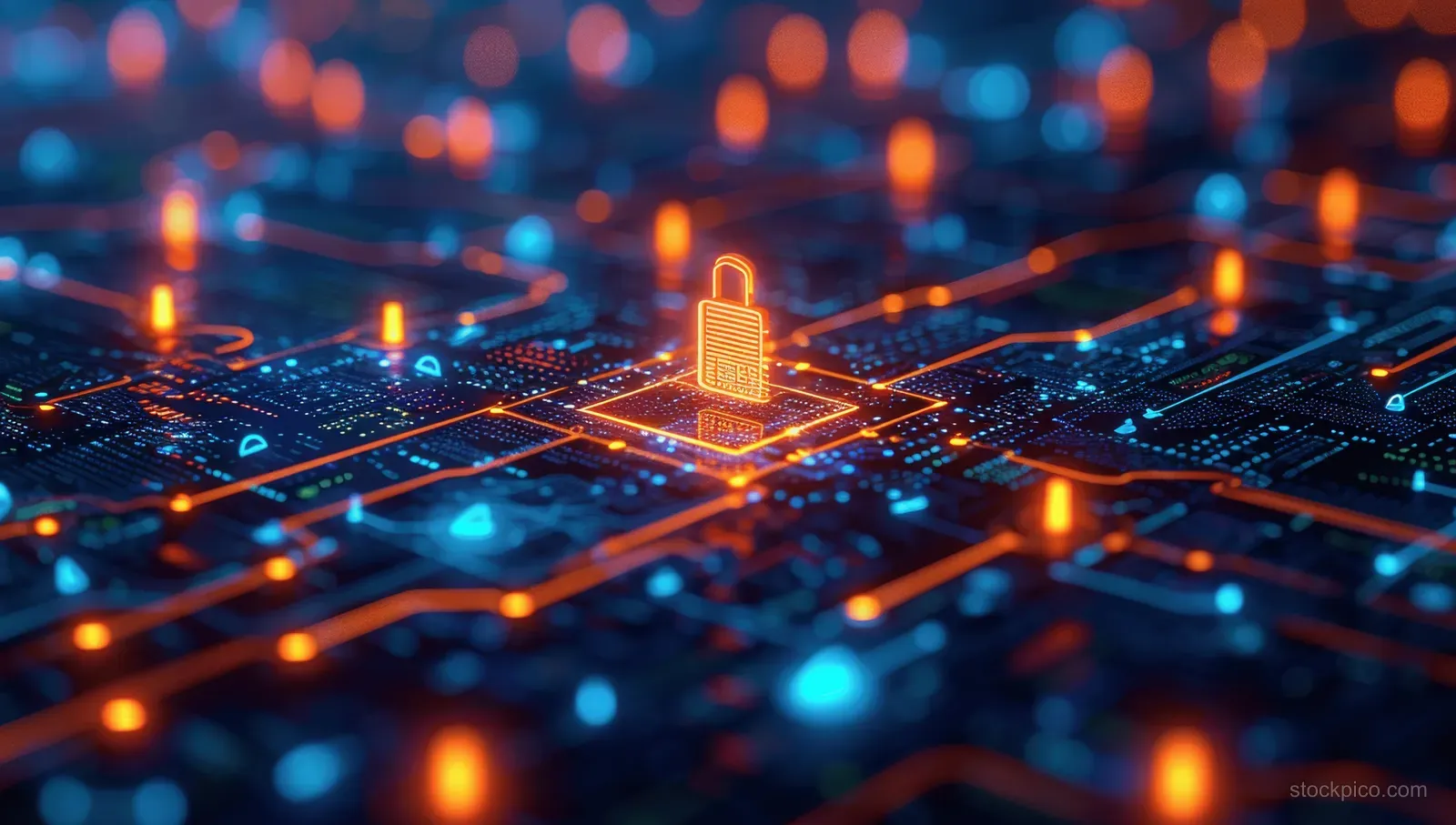 A glowing network grid with an illuminated padlock icon representing encrypted zero trust endpoint protection.