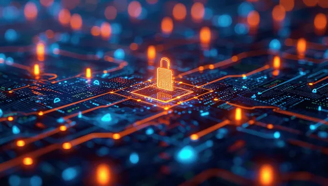 A glowing network grid with an illuminated padlock icon representing encrypted zero trust endpoint protection.