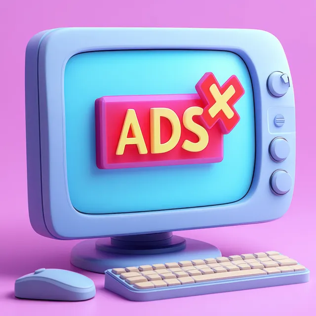 Retro desktop computer on a desk shows an Ads X cancel notification on its screen against a pink background.