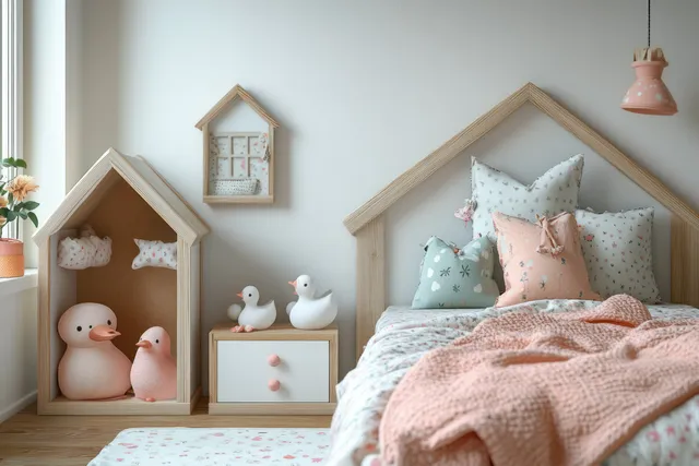 Kids bedroom bed with house-shaped decor shelf and plush duck figurines under soft daylight from a window.
