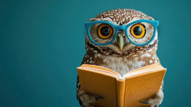 A small owl wearing oversized blue glasses reads an open orange book against a teal background.