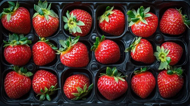 Ripe red strawberries with green leaves arranged in a black plastic container.