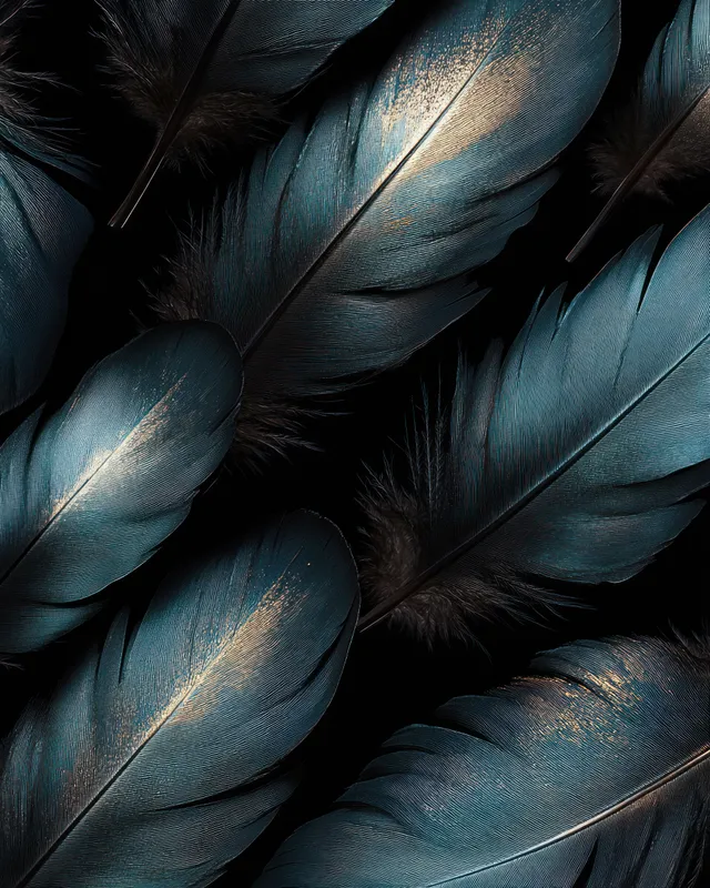 Close-up of dark blue feathers with golden highlights layered against a black background