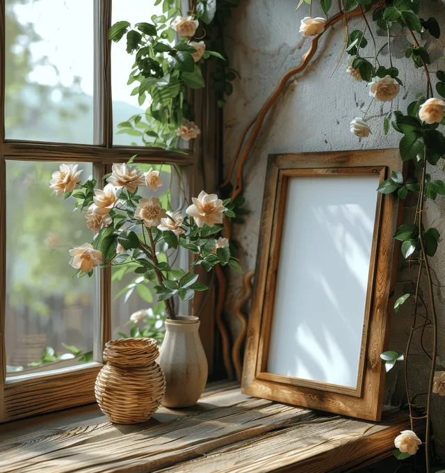 White poster frame mockup on window sill with rustic plants and soft daylight