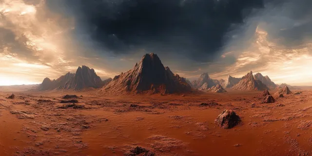 Alien desert at twilight with jagged mountains, glowing horizon haze, and dramatic shadows