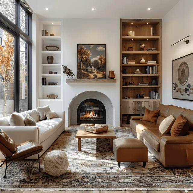 Brown leather armchair and grey sofa face a lit fireplace in a Scandinavian living room with shelves and bright windows.