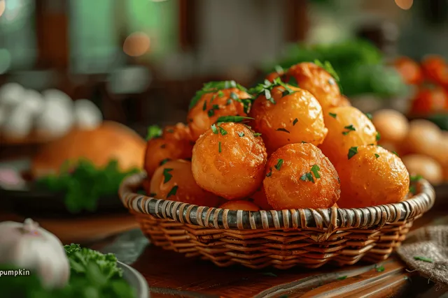 Brazilian cheese balls in wicker basket on wooden table, street festival street-food scene with Shallow Depth Of Field