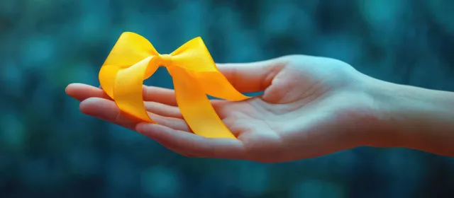 Outstretched hand offering a bright yellow ribbon bow against a soft blue-green background