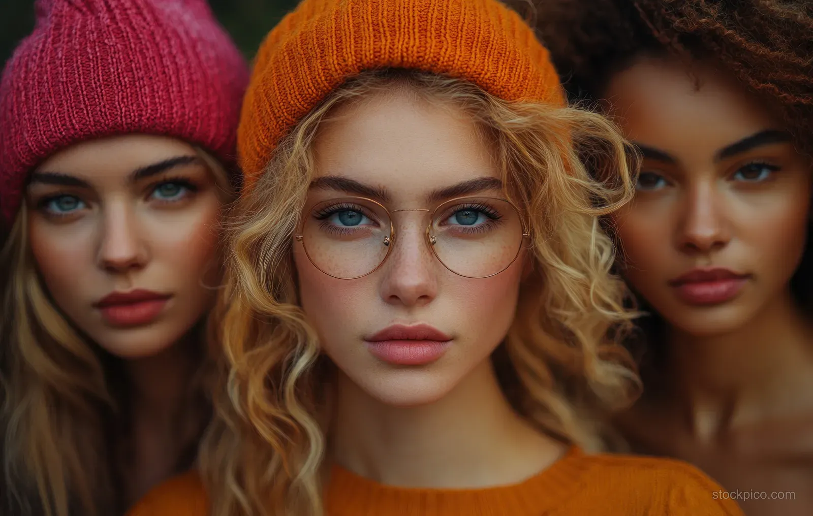 A group of diverse women pose closely indoors wearing colorful knit winter hats.