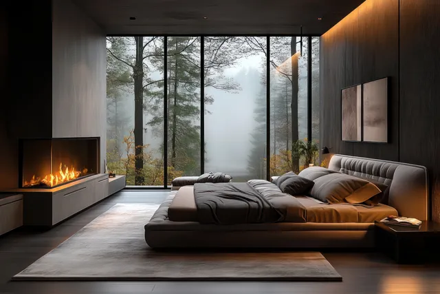 Modern bedroom with a lit fireplace and made bed, floor-to-ceiling windows showing foggy forest trees outside.