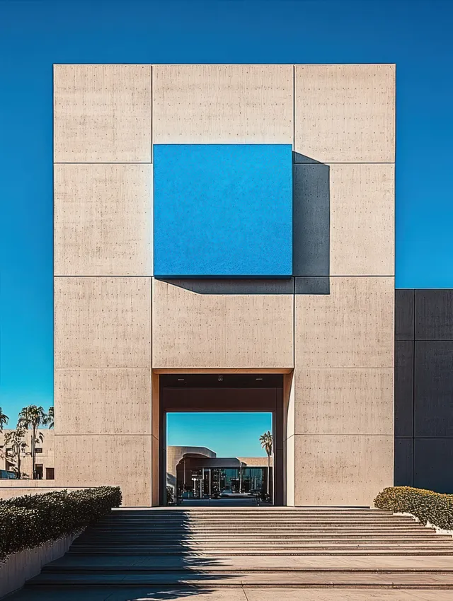 Modern concrete building facade with a large blue square panel, open entrance passage, and sunlit stairs under a clear sky.