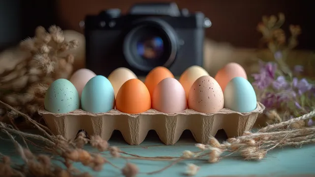 Pastel Easter eggs in a carton with dried plants and a camera softly blurred