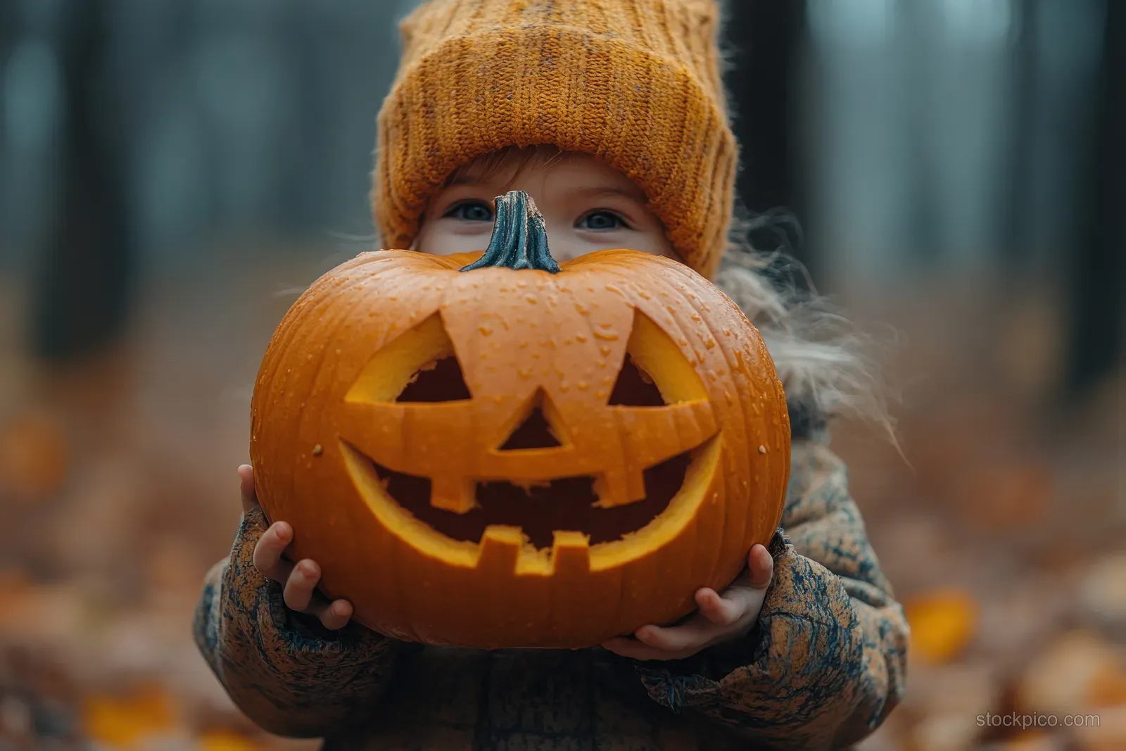 A child in a knit hat holds a carved jack-o'-lantern pumpkin in an autumn forest with golden leaves.