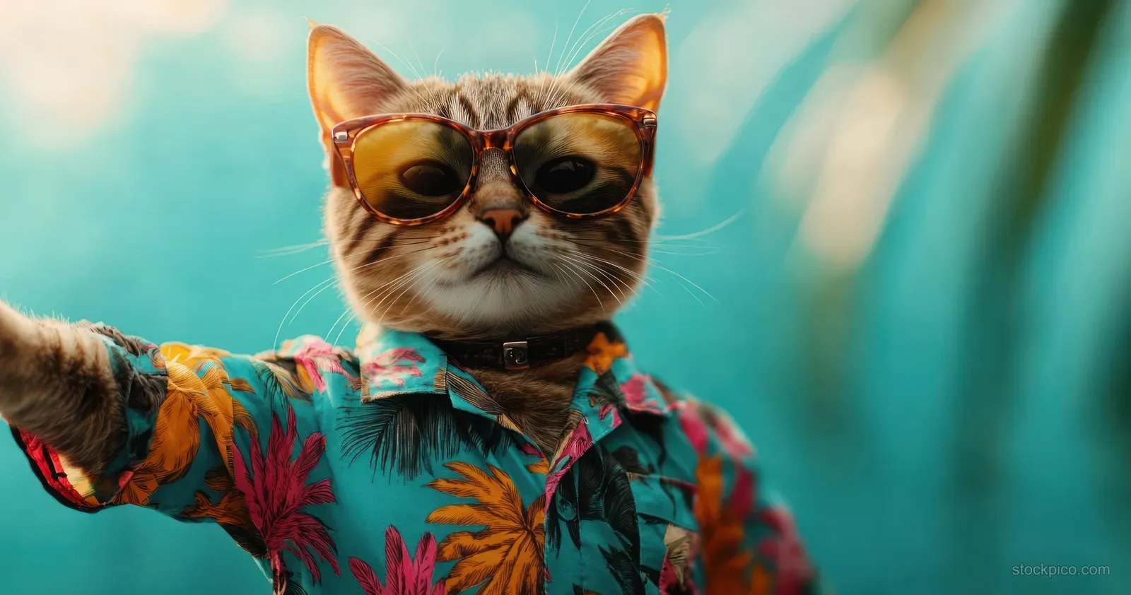 A cat wearing sunglasses and a Hawaiian shirt raises its paw against a turquoise tropical background.