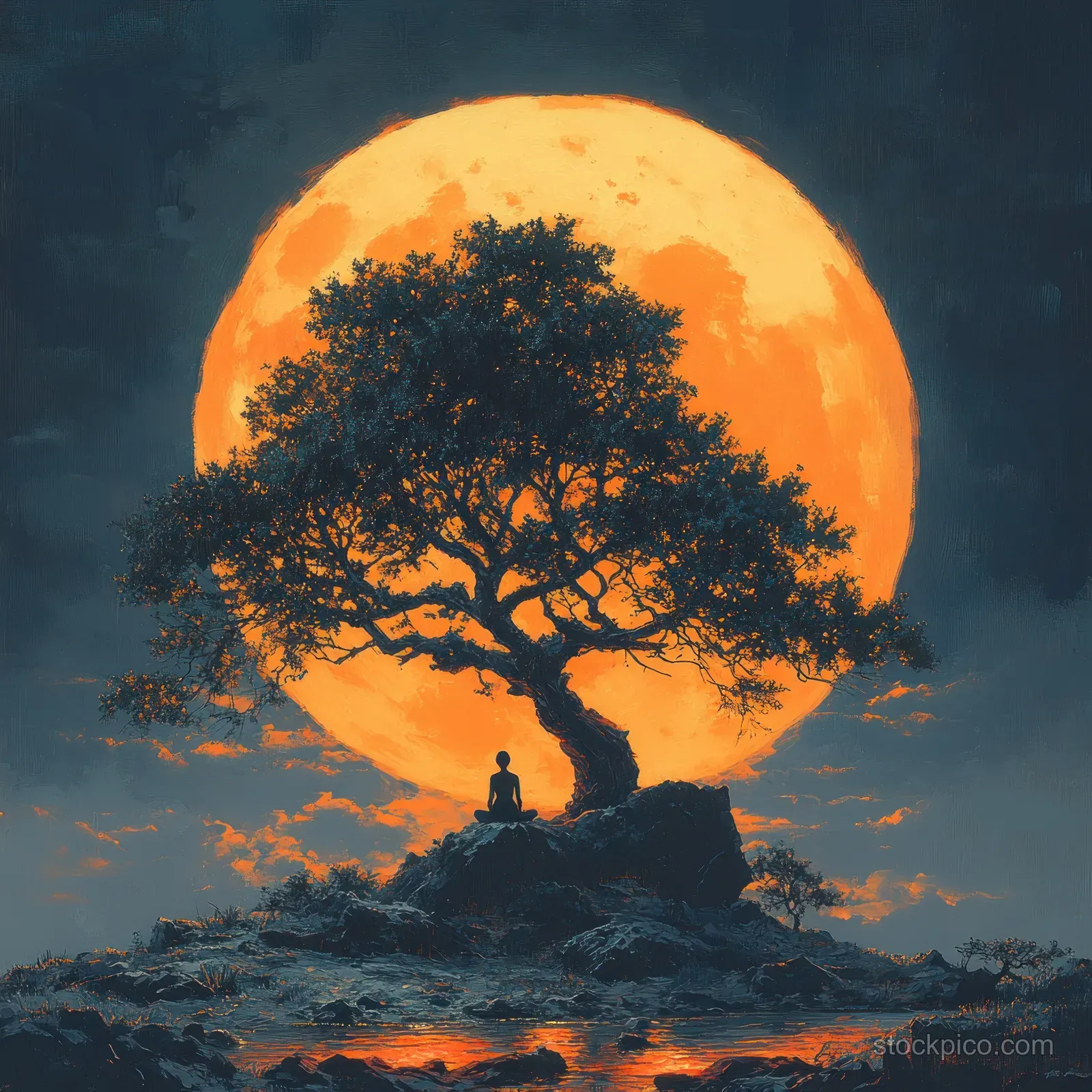 A silhouetted meditating figure sits under a large tree beneath a glowing orange moon in a night landscape.