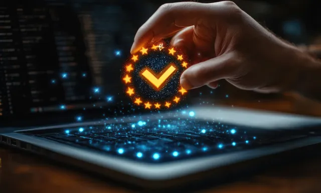 A hand holds a glowing orange checkmark above a laptop keyboard with blue digital light effects and star particles.