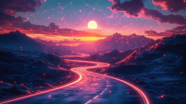 Curving glowing road through mountains at sunset with neon particle network effects across the sky.
