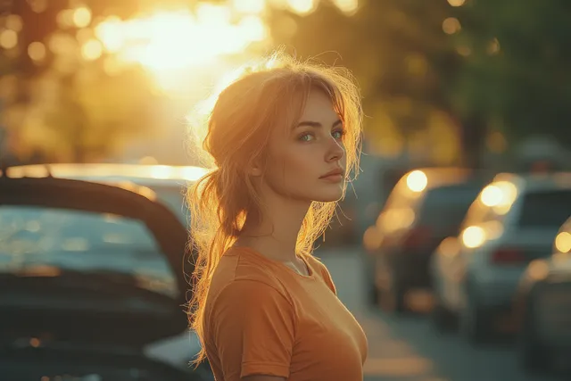 A sad woman in an orange shirt stands beside a broken car on a roadside at sunset, searching for help.