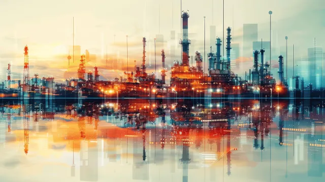 Oil refinery plant at dusk with glowing towers, digital blueprint overlays, and reflections on water.