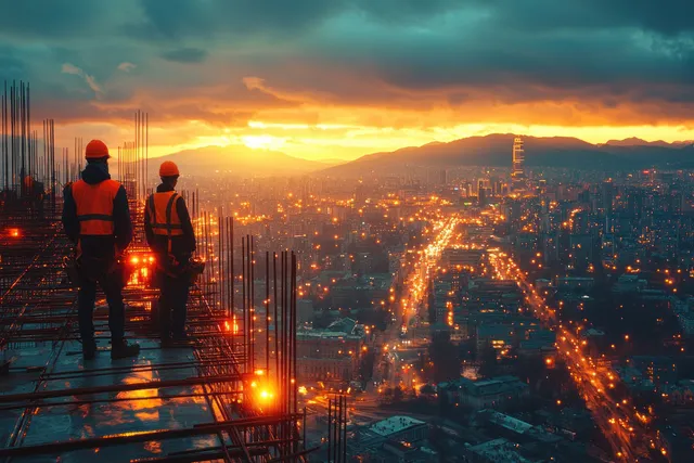 Two construction workers in hard hats stand on scaffolding at sunset while the city skyline glows behind them.