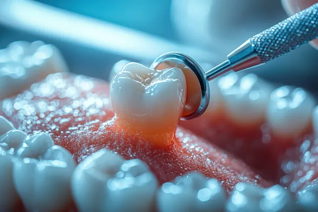 A dental tool polishes one tooth while gums and adjacent teeth surround it under bright clinical light.