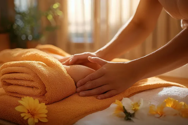 Massage therapist kneads shoulders with warm hands on a towel in spa light