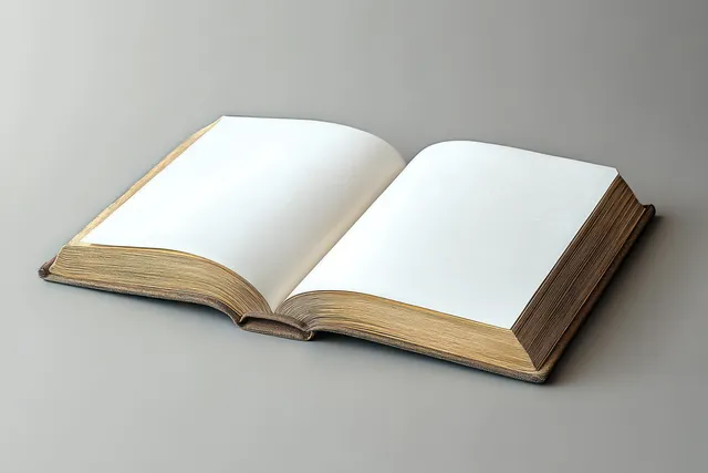 Open hardcover book with blank pages beside closed book on soft gray background
