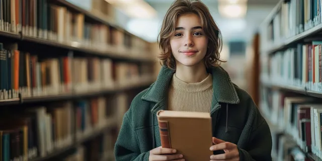 Cheerful international student holding several books in a university library aisle with tall shelves.