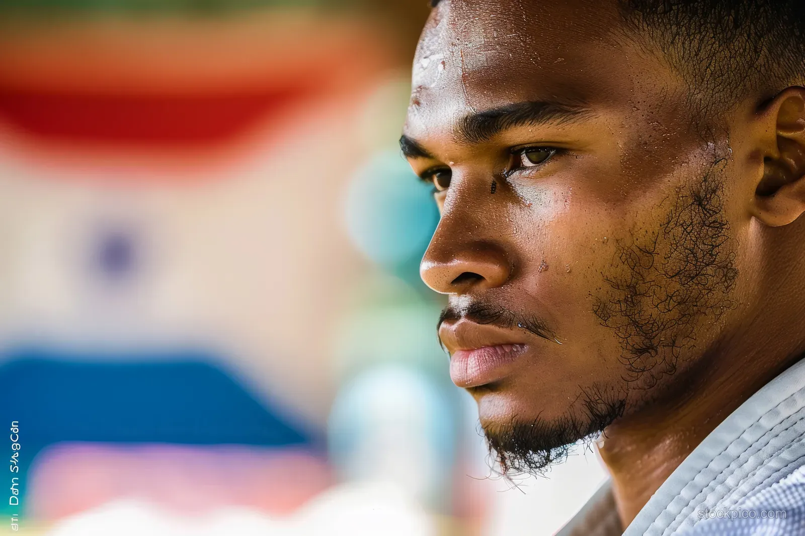 Close-up portrait of a focused Cuban judoka with the Cuban flag blurred in the background.