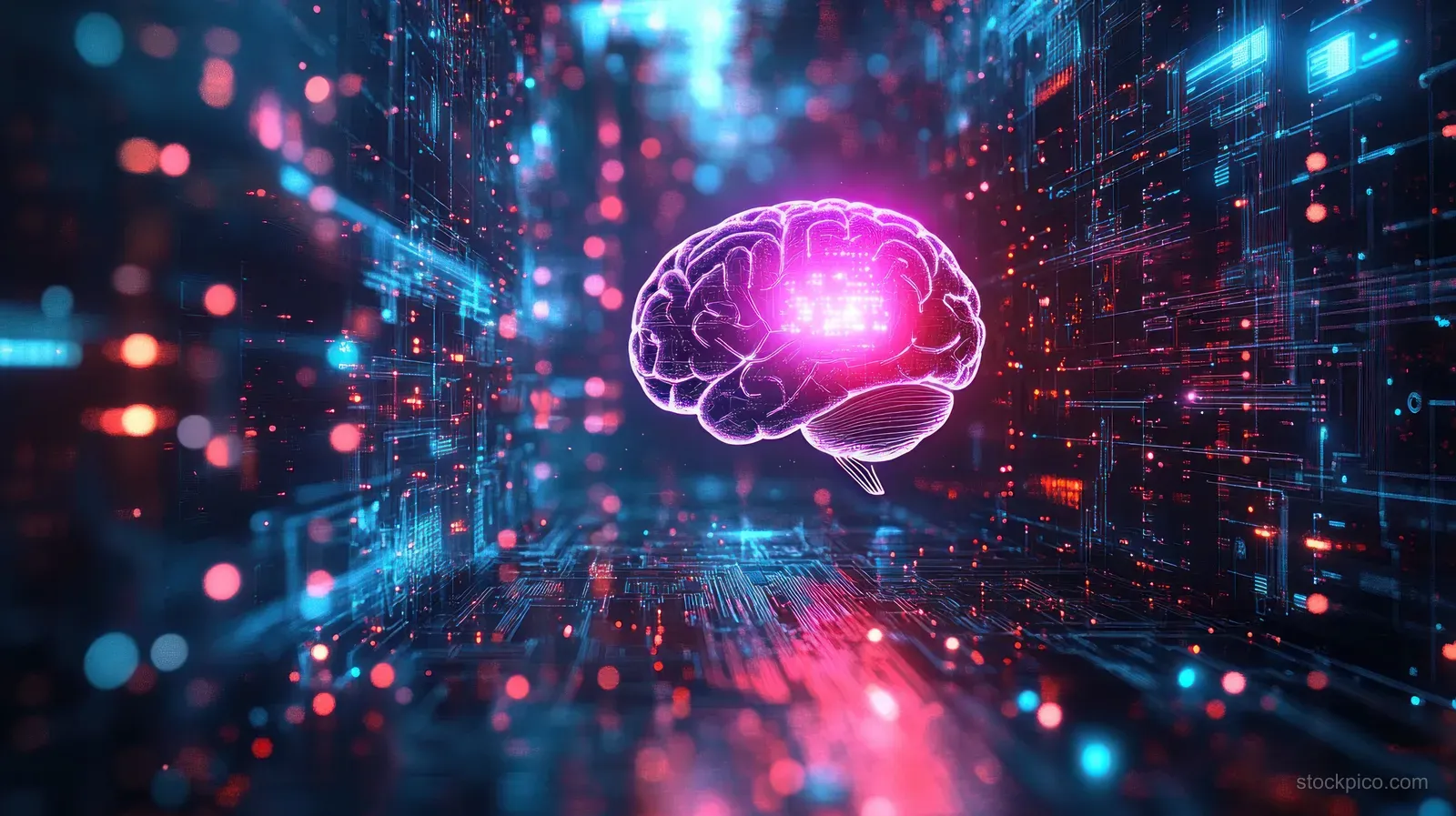 A glowing brain icon floats above a neon data tunnel filled with circuit particles.