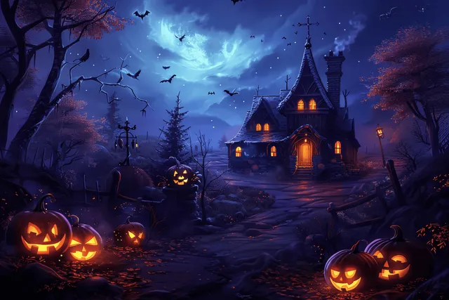 Moonlit haunted mansion at Halloween with glowing jack-o-lanterns, pumpkins along a path, and bats flying overhead.