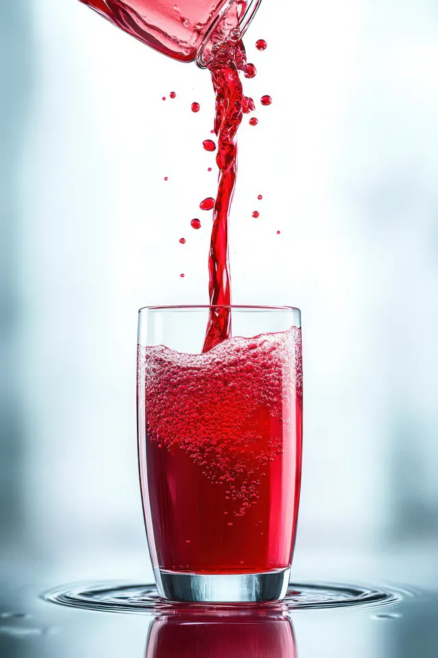 Cherry juice pours into a tall glass with bright splashes on a clean white background with Studio Still Life