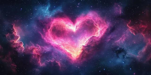A glowing heart-shaped nebula floats in outer space amid swirling cosmic clouds and scattered stars.