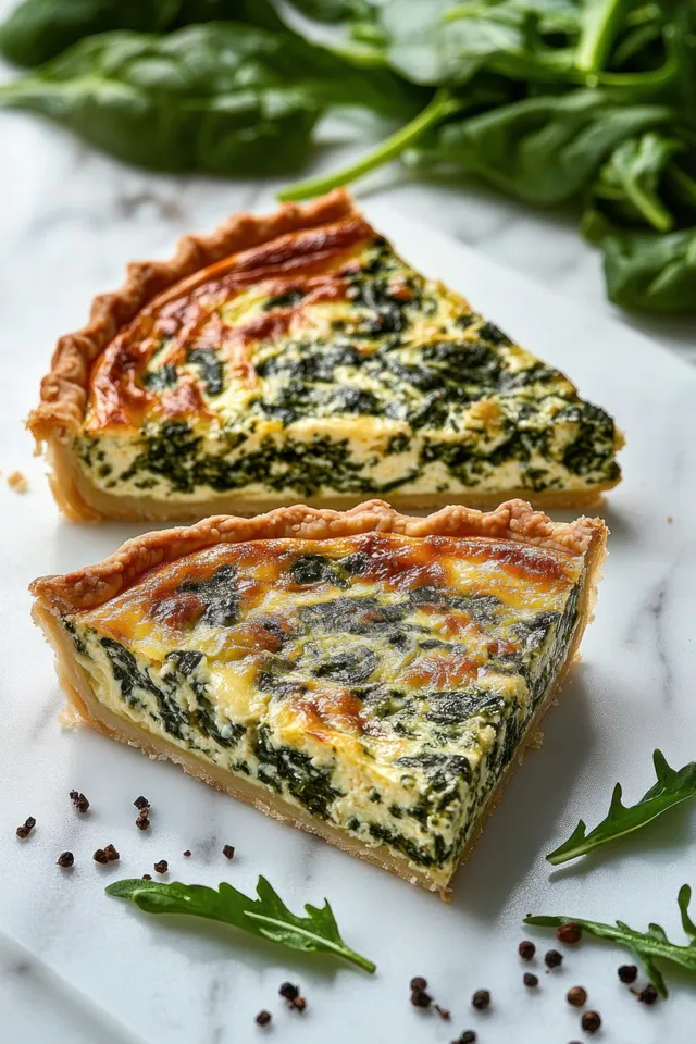 Two slices of spinach and cheese quiche on marble with leafy spinach and scattered black peppercorns.