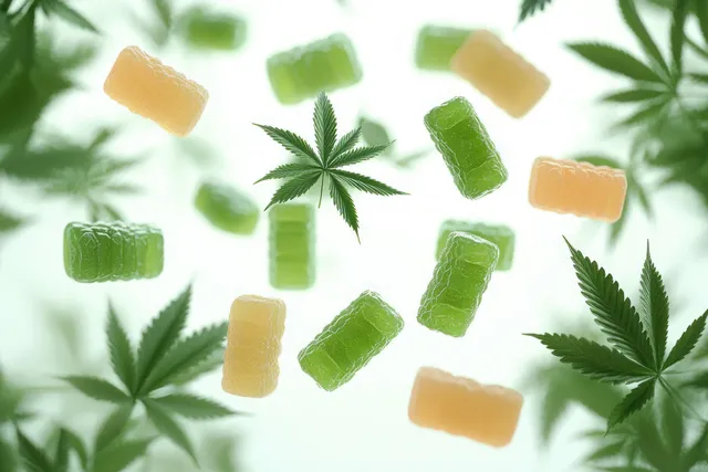 Green and yellow gummy candies float among cannabis leaves on a bright light background.