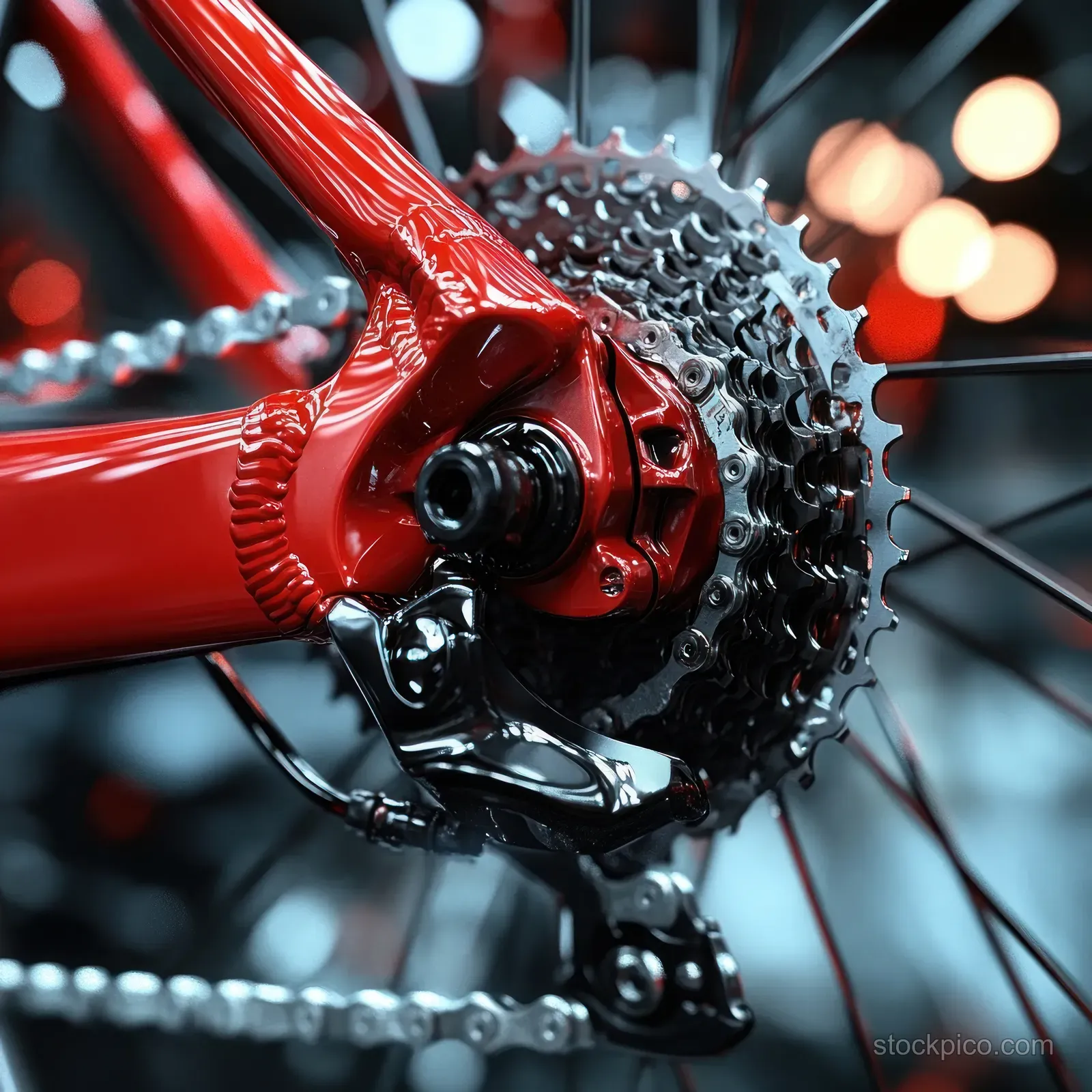 Close-up view of a shiny red bicycle's rear gear cassette and derailleur with a blurred background.