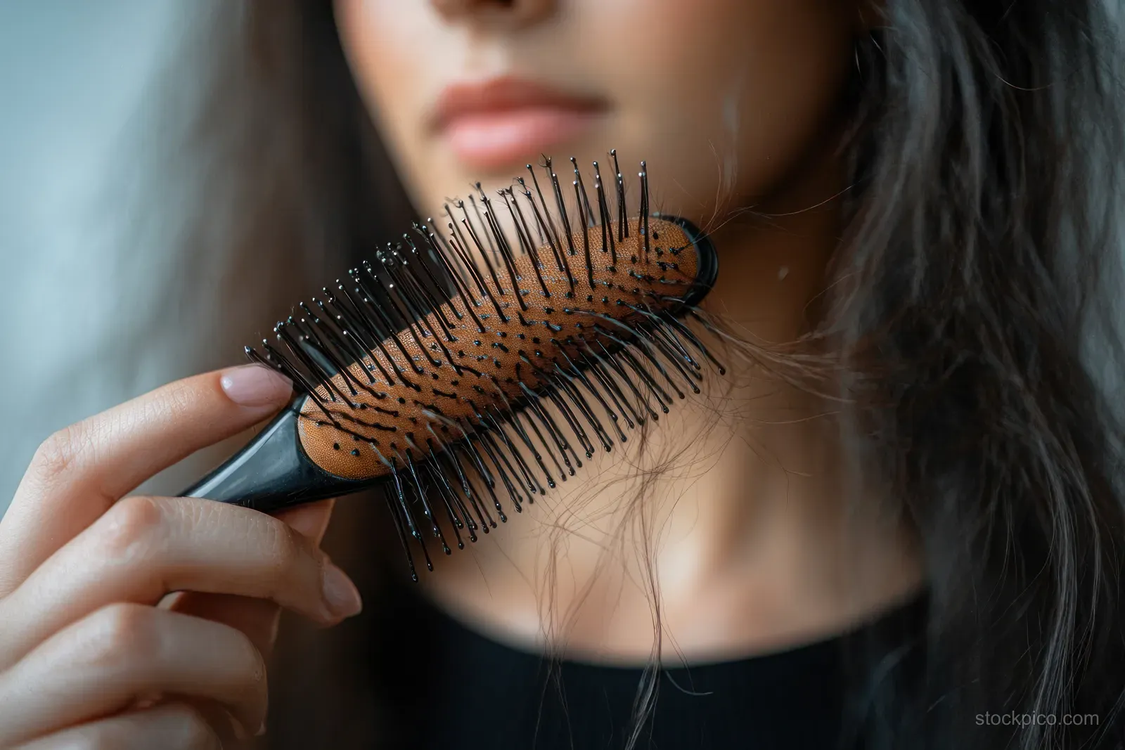 Asian woman holding a hairbrush with strands of black hair while looking worried about thinning hair.