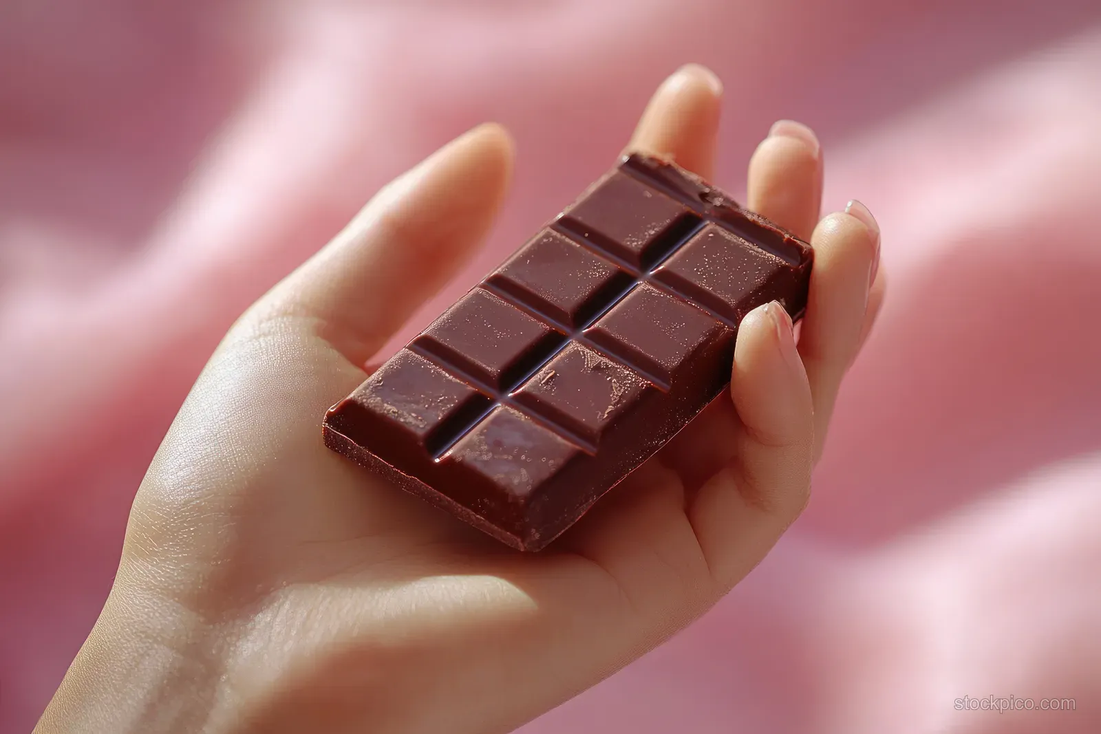 A hand holds a small broken chocolate bar in front of a soft pink background.